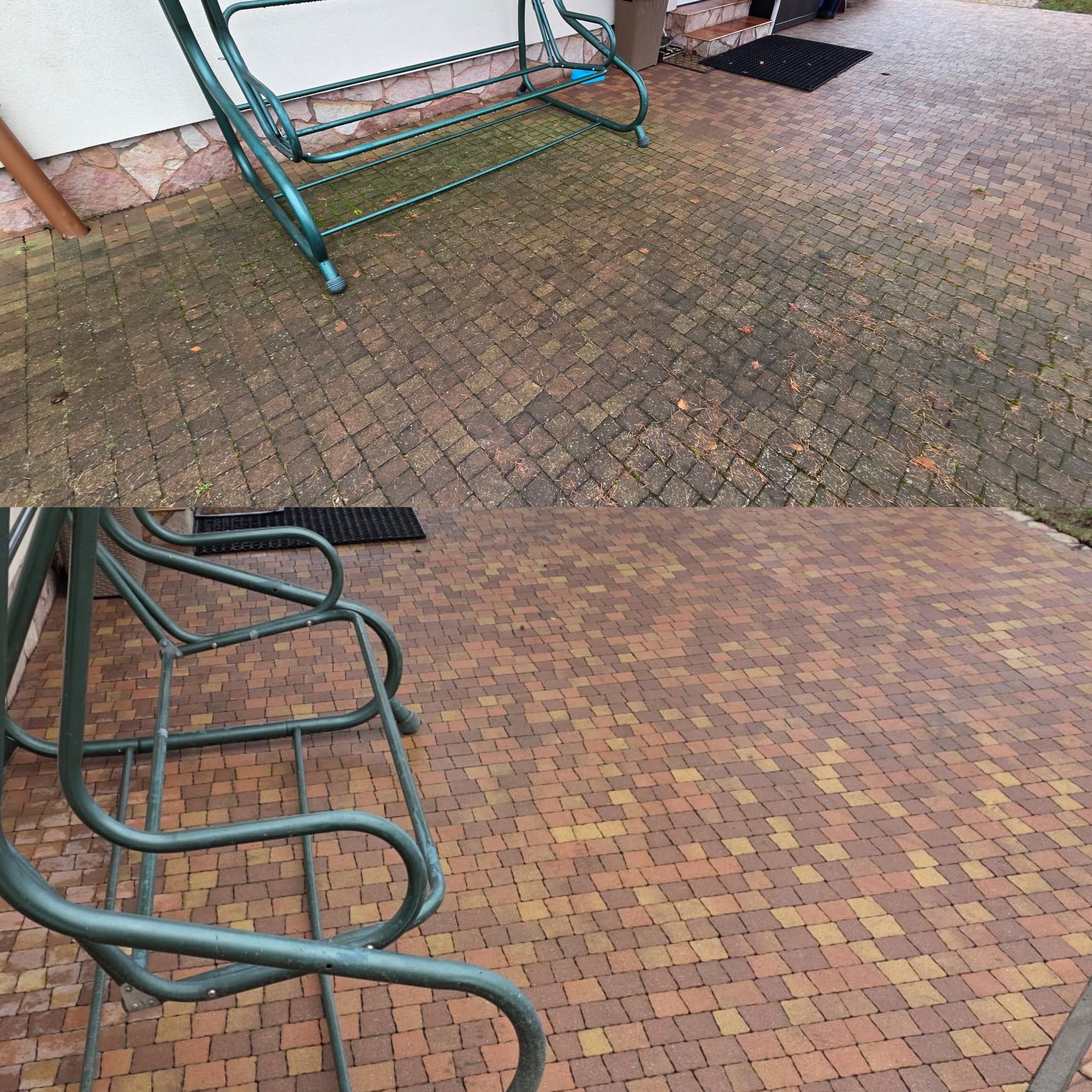 Zdjęcie 'przed i po' czyszczenia kostki brukowej, z widoczną różnicą w kolorze i czystości. W tle fragment domu i huśtawka ogrodowa.