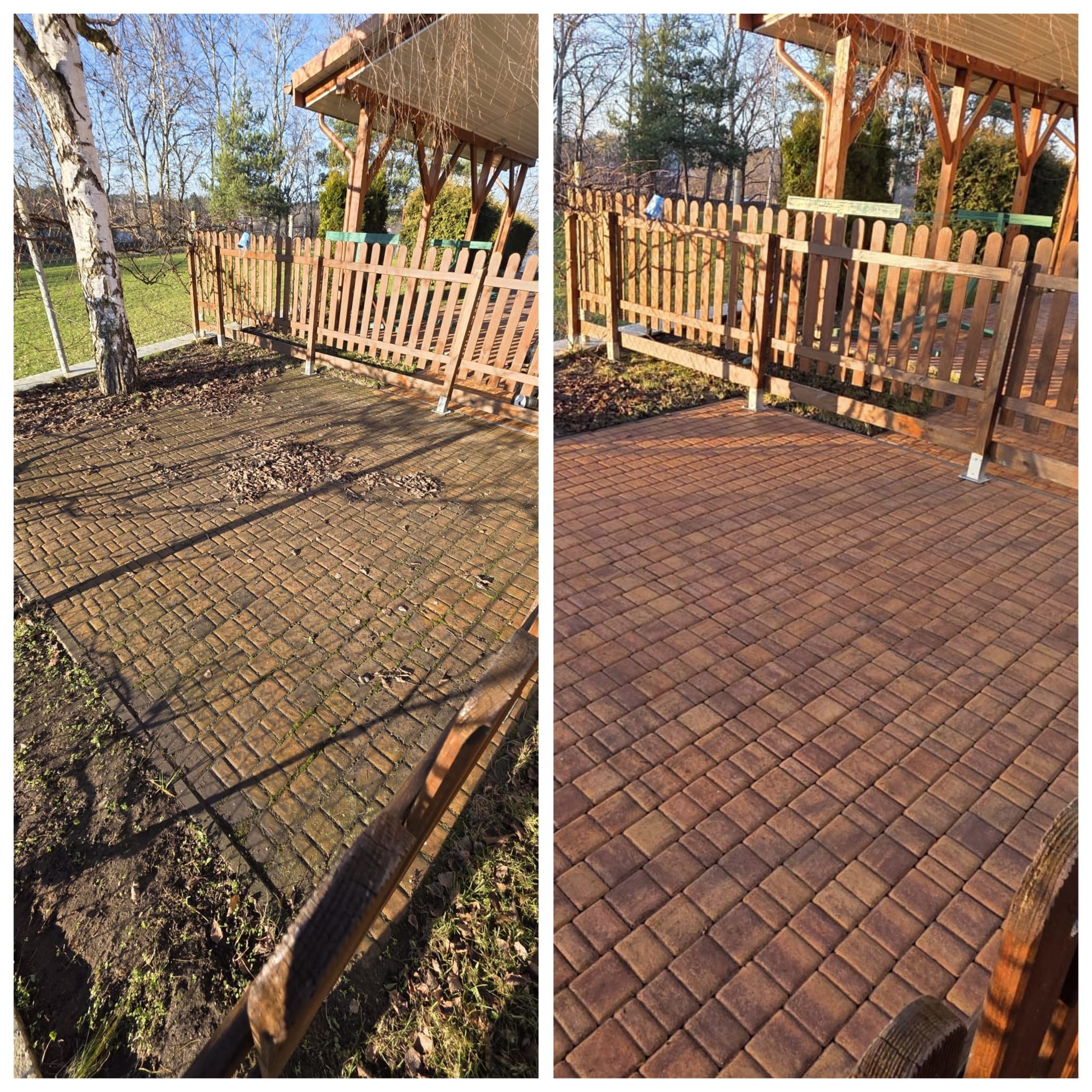 Efekt mycia kostki brukowej w Kutnie: porównanie 'przed' (z liśćmi i zabrudzeniami) i 'po' (czysta, odświeżona kostka). Widoczny fragment drewnianego ogrodzenia.