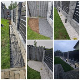 Allgarden Usługi Ogrodnicze Piotr Serwin - Etapy tworzenia ogrodu: montaż drenażu, przygotowanie podłoża, nasadzenia i oświetlenie wzdłuż nowoczesnego ogrodzenia z kamiennymi słupkami.