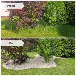 Allgarden Usługi Ogrodnicze Piotr Serwin - Zdjęcie 'przed i po' przedstawia rabatę z ozdobnym drzewem, gdzie wysoka trawa została zastąpiona białym żwirem. Widoczne krzewy i trawnik. Efekt pielęgnacji ogrodu.