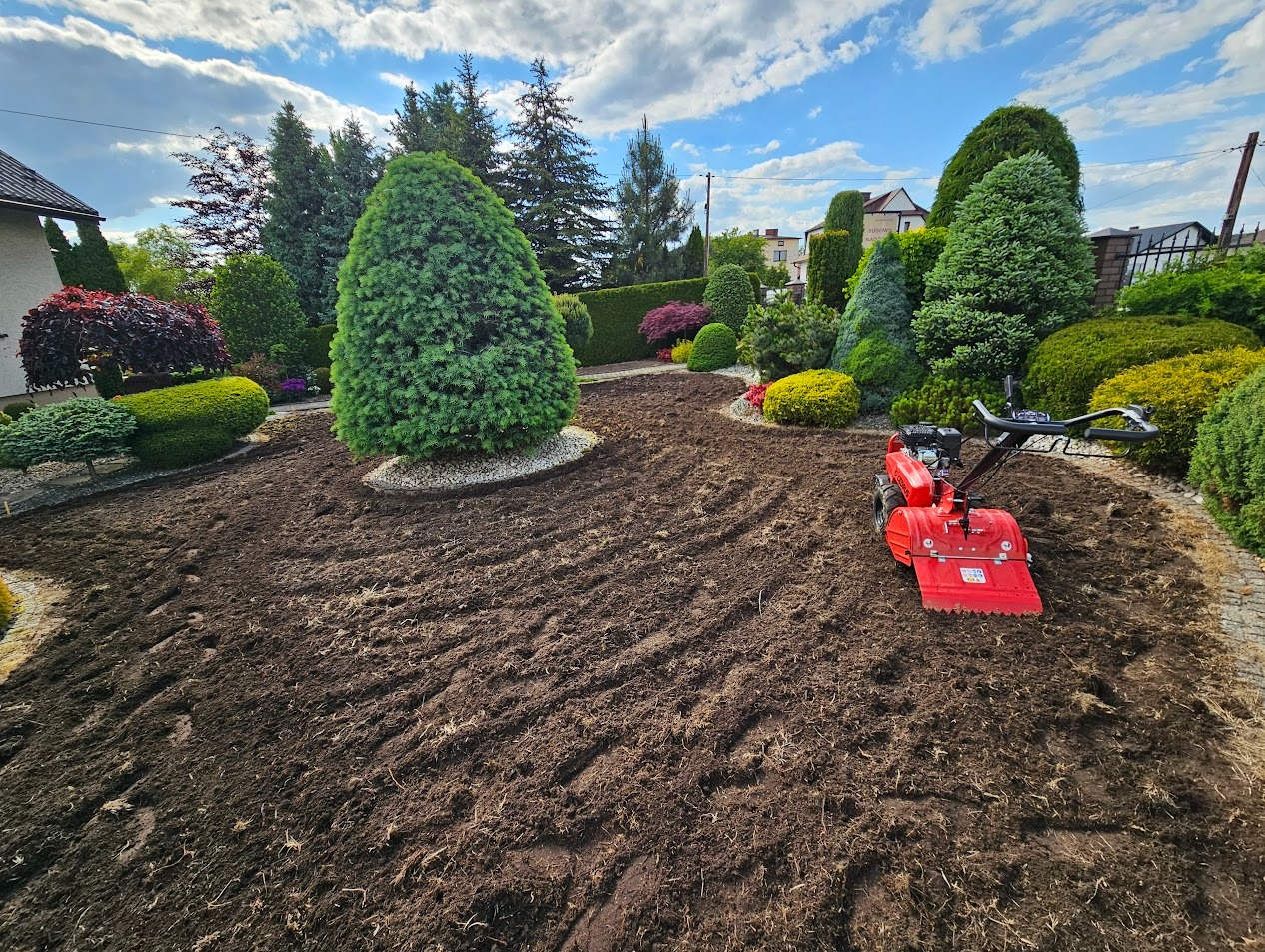 Przygotowany pod trawnik teren z frezarką glebową. W tle ozdobne drzewa i krzewy.
