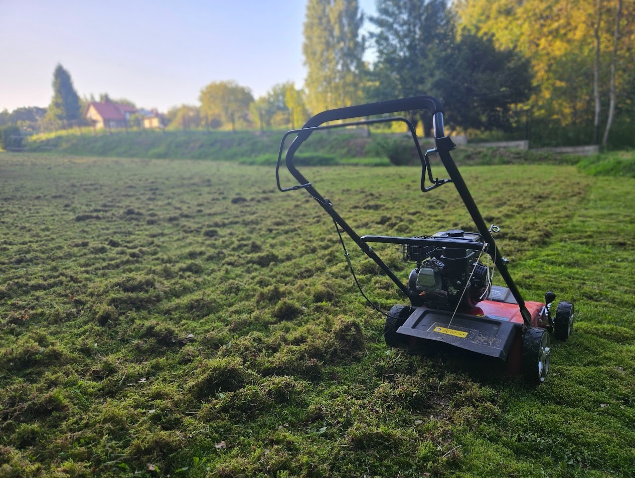 Czerwona kosiarka spalinowa na trawniku po wertykulacji, z widocznymi resztkami trawy. W tle drzewa i zabudowania w porannym świetle.