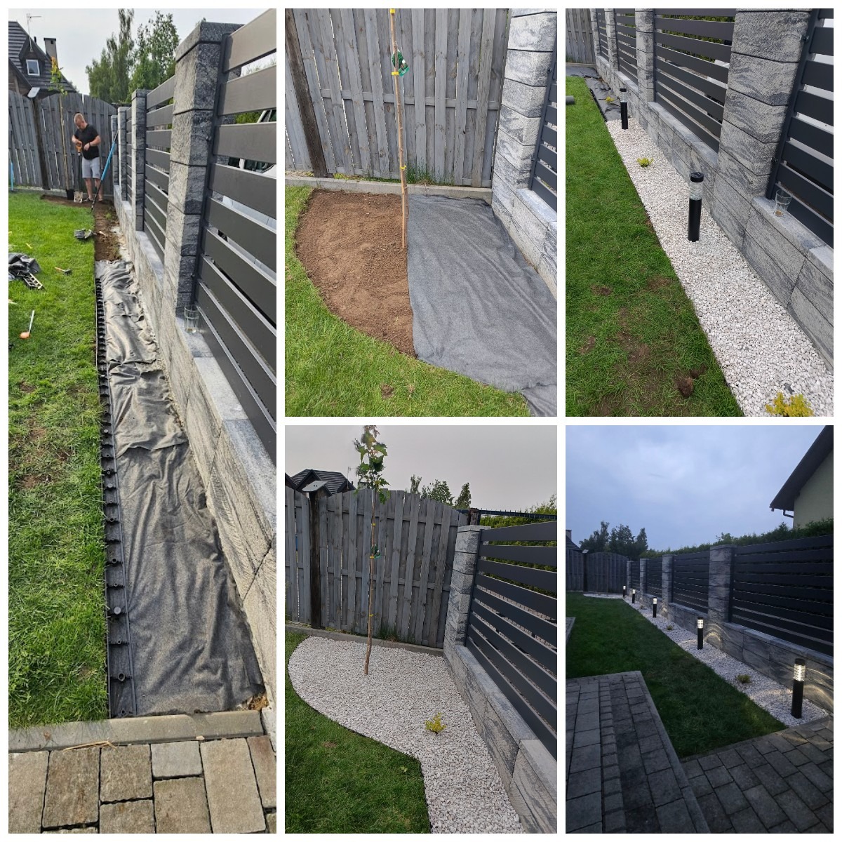 Etapy tworzenia ogrodu: montaż drenażu, przygotowanie podłoża, nasadzenia i oświetlenie wzdłuż nowoczesnego ogrodzenia z kamiennymi słupkami.