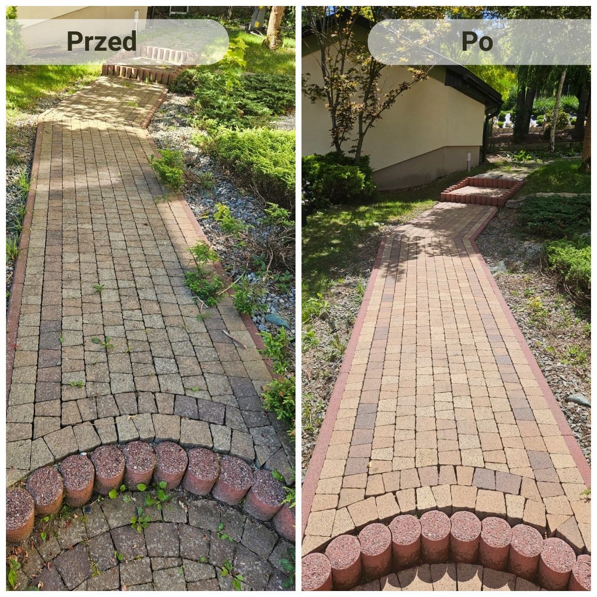 Zdjęcie 'Przed i Po' czyszczenia ścieżki z kostki brukowej w ogrodzie. Po prawej stronie ścieżka jest czysta, a po lewej widać zabrudzenia i chwasty.