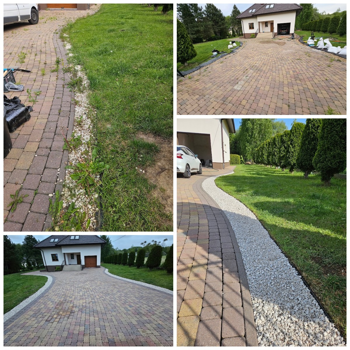 Kaskadowy układ kostki brukowej na podjeździe, obrzeża z białego grysu. Widok na dom z garażem i zadbany trawnik z tujami. Precyzyjne wykonanie.