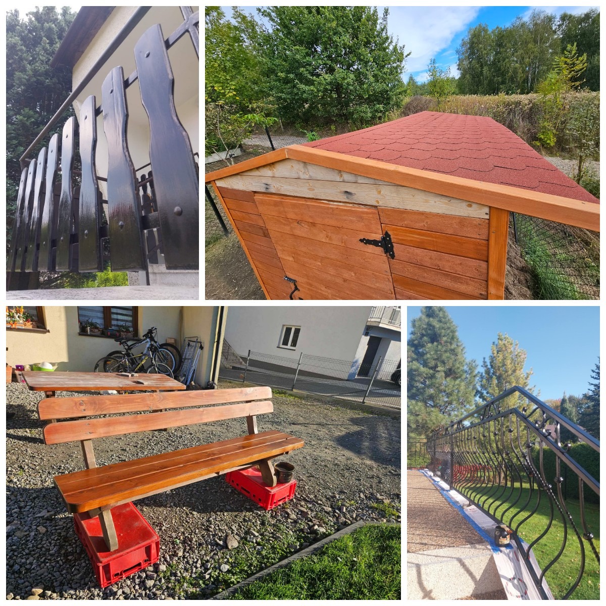 Kolaż: odnowione balustrady balkonowe, domek narzędziowy z czerwonym dachem, odświeżona ławka ogrodowa na czerwonych skrzynkach, pomalowane barierki.