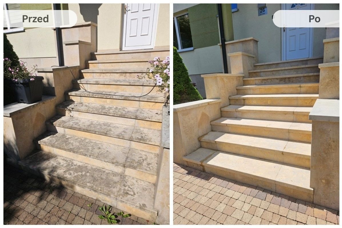 Schody wejściowe z kamienia: widok przed i po czyszczeniu. Po lewej zabrudzone, po prawej czyste, z nową kostką brukową. Dom z numerem 26 w tle.