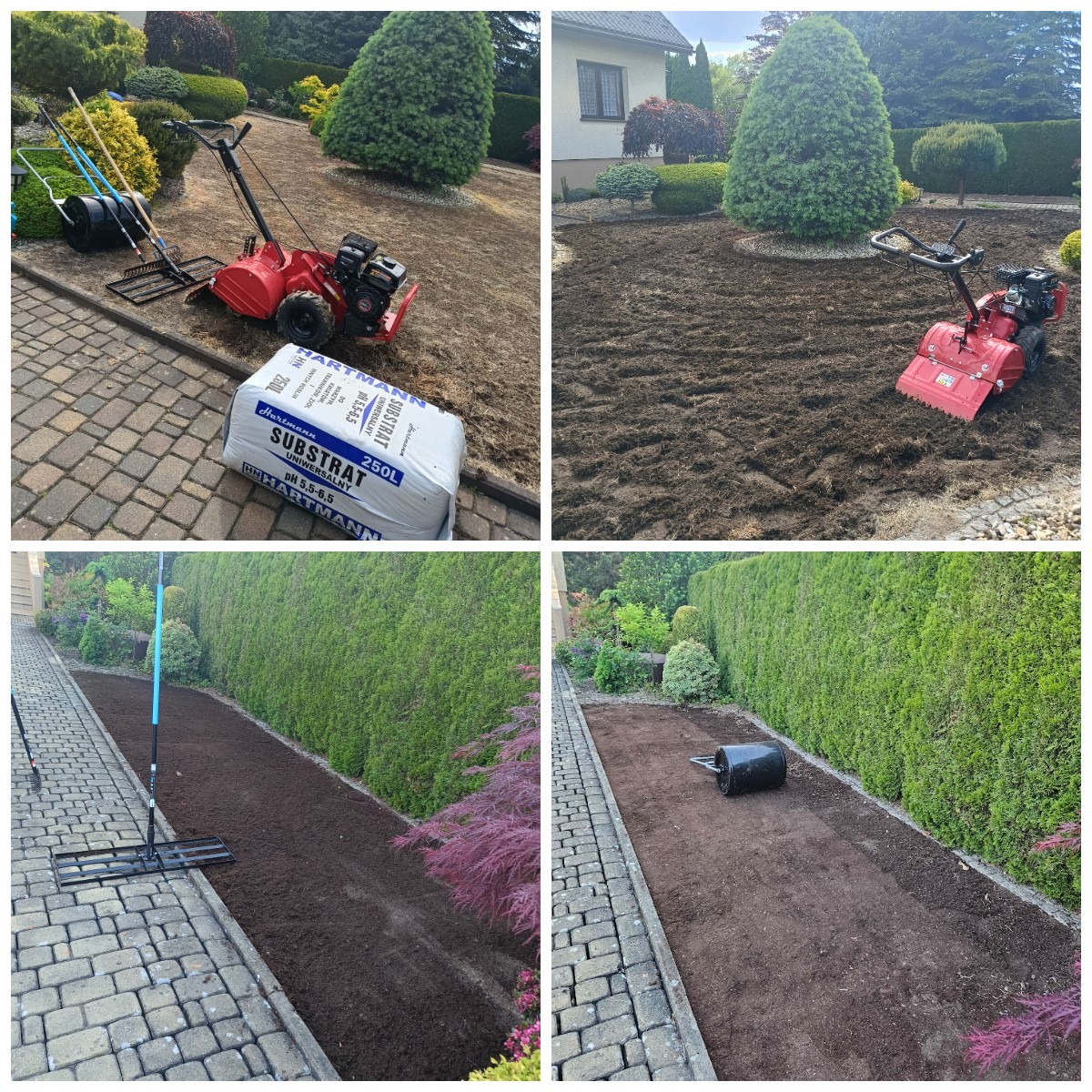 Kompilacja zdjęć: przygotowanie terenu pod trawnik, glebogryzarka, wał, grabie i worek podłoża Hartmann. Zadbany ogród z tujami w tle.
