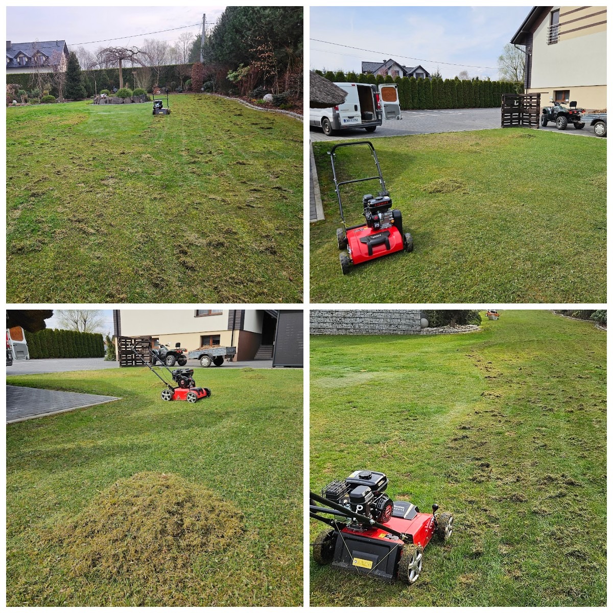Wertykulacja trawnika: czerwony wertykulator na trawie z resztkami po zabiegu. Cztery ujęcia z różnej perspektywy, widoczne budynki i pojazdy w tle.