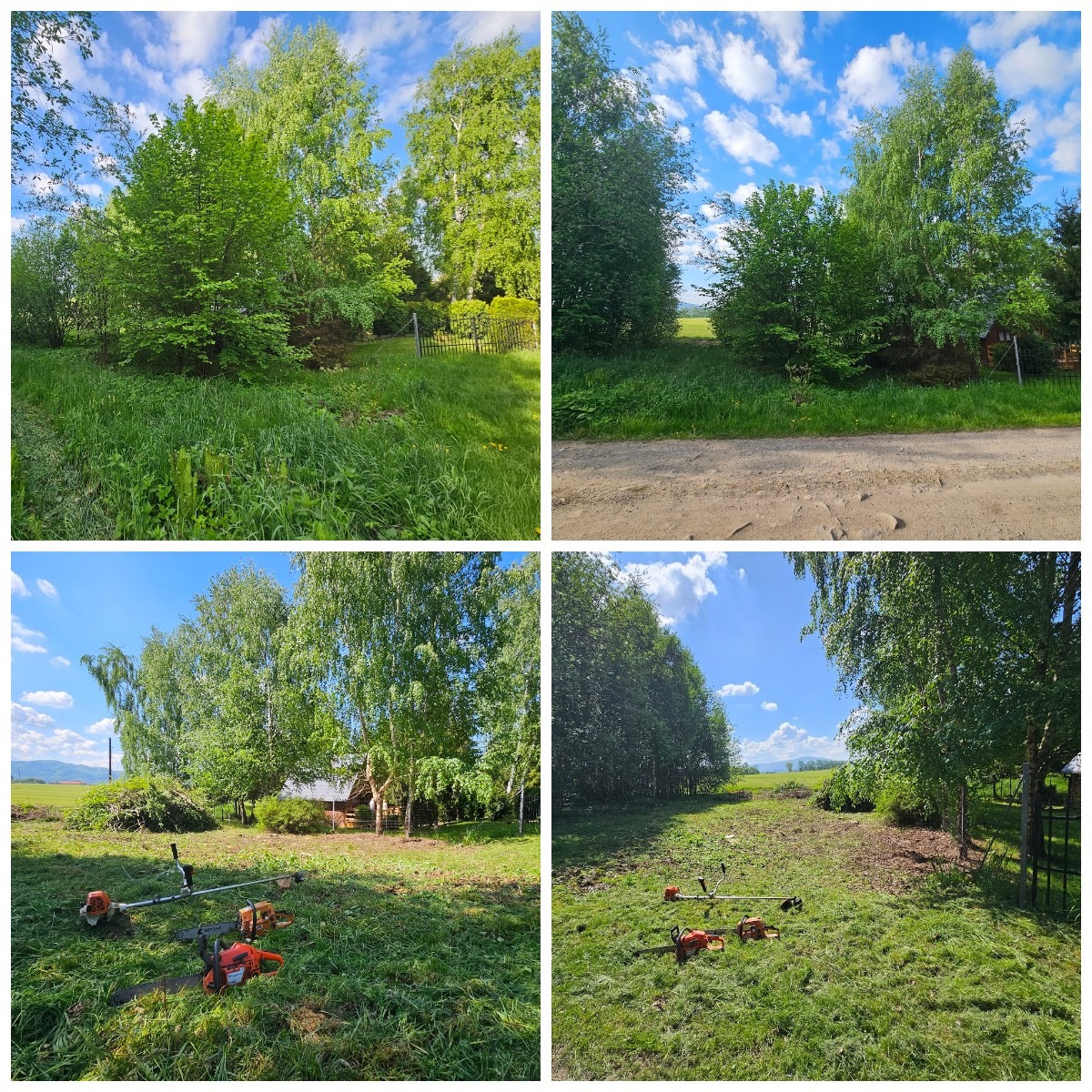 Kolaż: teren przed i po wykoszeniu. W tle drzewa, niebo z chmurami, sprzęt ogrodniczy na trawie. Widoczne różnice w wysokości trawy, teren uporządkowany.