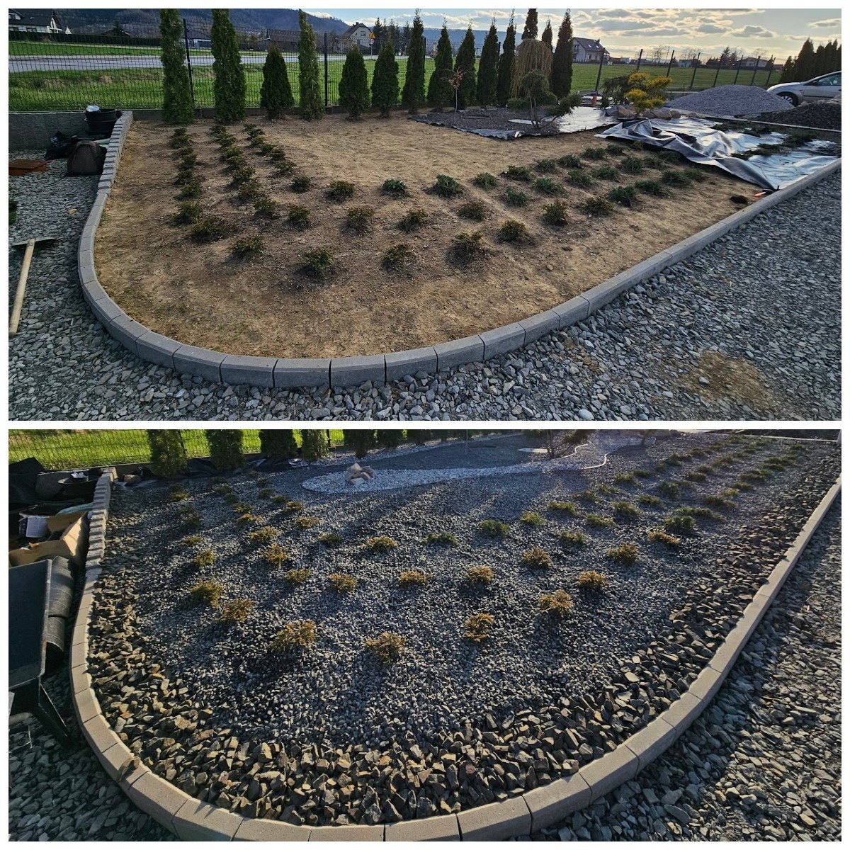 Etapy metamorfozy ogrodu: przed – ziemia i sadzonki, po – wysypany kamieniem ozdobnym teren z roślinami, obrzeże z kostki. Widoczne tuje i trawa w tle.