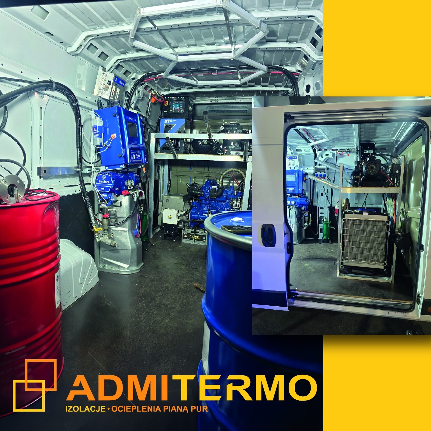 Wnętrze furgonetki z profesjonalnym sprzętem do natrysku pianki PUR: zbiorniki, agregat, system sterowania. Widok na otwarte drzwi z zamontowanym wyposażeniem.