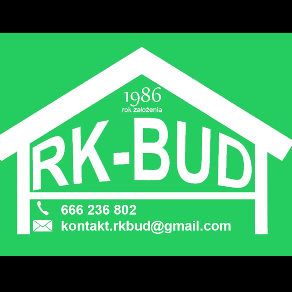 Logo firmy RK-BUD z rokiem założenia 1986, numerem telefonu i adresem e-mail na zielonym tle. Grafika w kształcie domu.