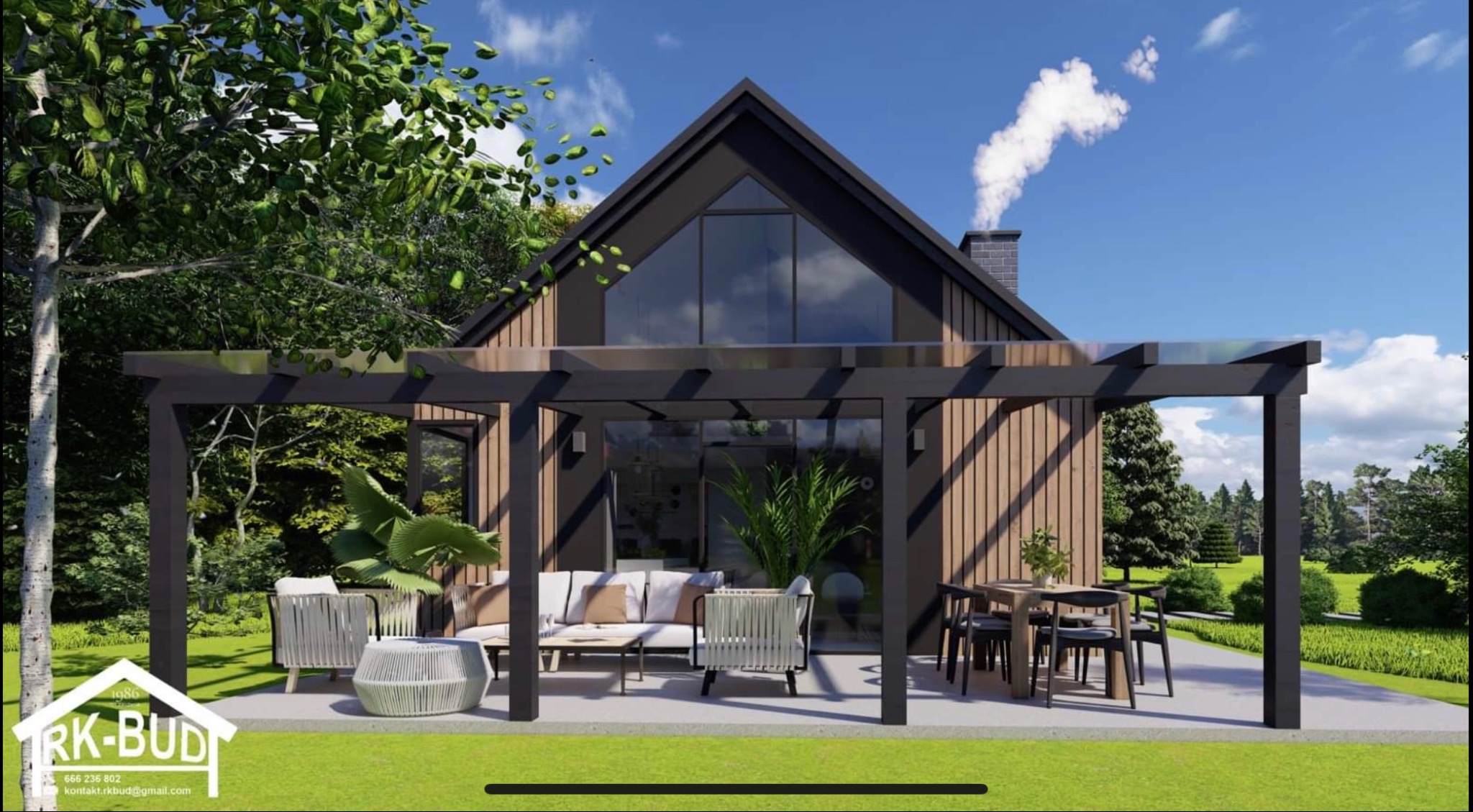 Wizualizacja domu z bali z nowoczesną pergolą i meblami ogrodowymi. Widoczny komin z dymem i przydomowa zieleń. Ujęcie z poziomu ogrodu.