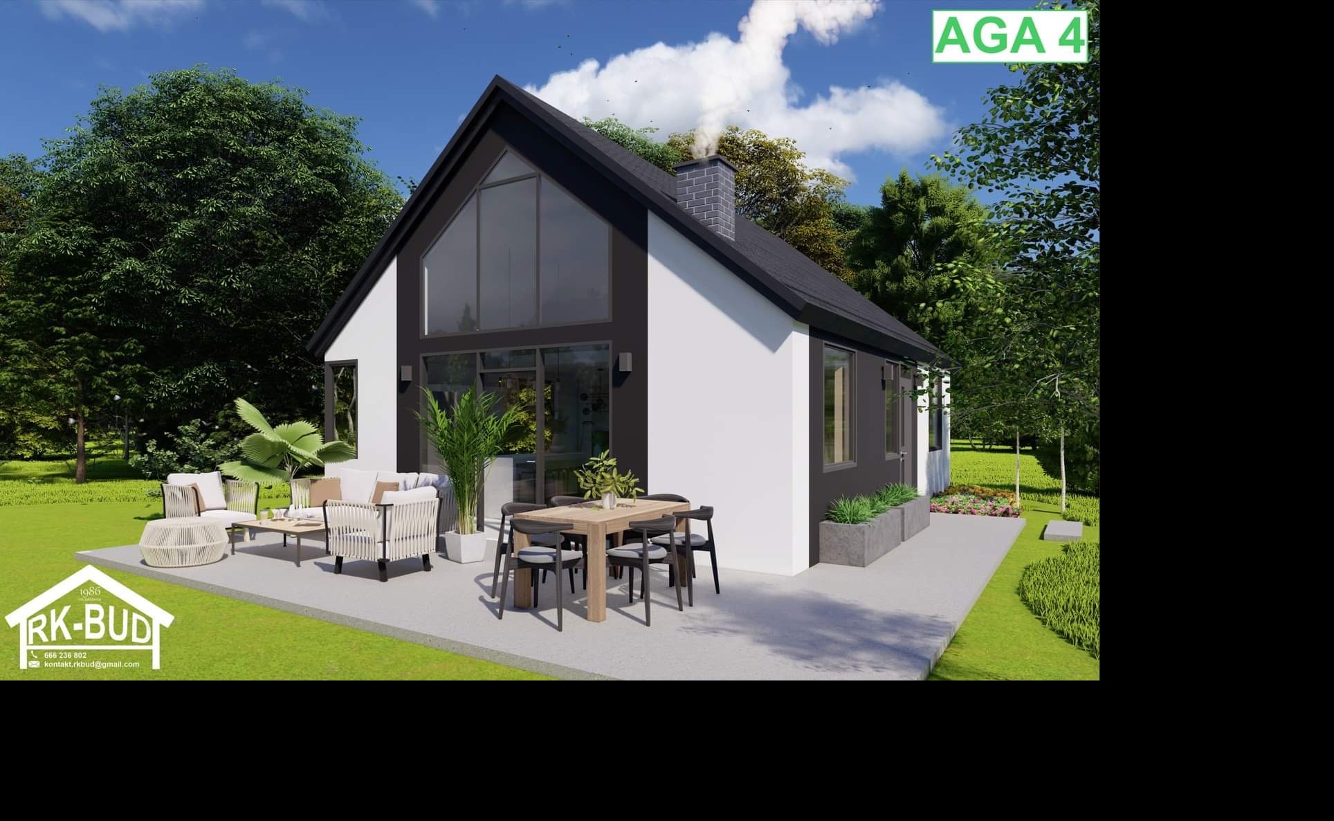 Wizualizacja domu AGA 4 z dużym oknem szczytowym, białymi ścianami i czarnym dachem. Na tarasie meble ogrodowe i stół z krzesłami. W tle zieleń drzew.