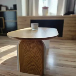 Stylowy stolik kawowy z blatem z jasnego drewna i oryginalną podstawą z drewnianych łuków z wstawkami z jasnego kamienia, na tle jasnego wnętrza.