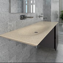BISHORN SERGII KRAVCHENKO - Beżowy blat łazienkowy z umywalką wpuszczaną, minimalistyczny design, szare płytki na ścianie, nowoczesna armatura, roślina w tle.