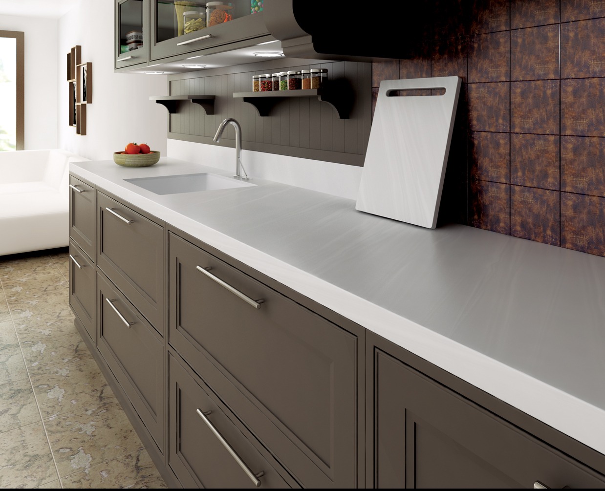 Nowoczesna kuchnia w Łosiowie z brązowymi szafkami, białym blatem i rdzawymi płytkami. Na blacie deska do krojenia i miska z owocami. Minimalistyczny design.