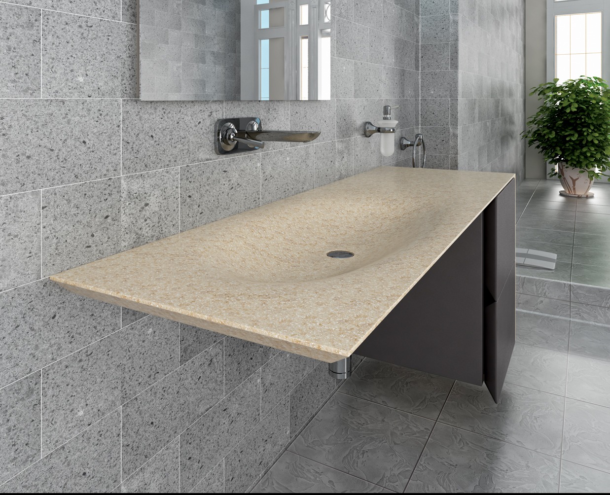 Beżowy blat łazienkowy z umywalką wpuszczaną, minimalistyczny design, szare płytki na ścianie, nowoczesna armatura, roślina w tle.