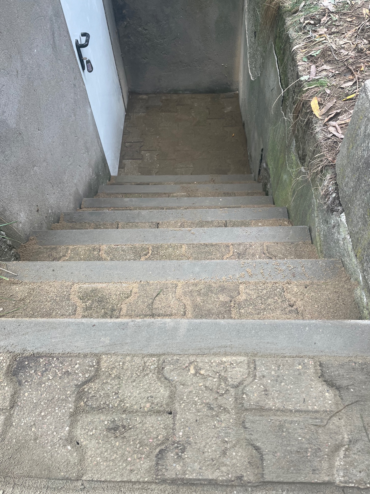 Betonowe schody prowadzące w dół, z widocznymi śladami piasku i mchu, zakończone kostką brukową. U góry białe drzwi z czarną klamką.
