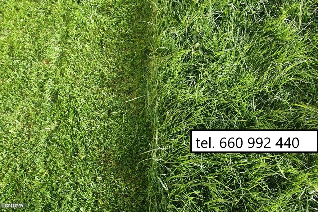 Świeżo skoszona trawa kontrastuje z wysoką, zieloną trawą. Widoczny numer telefonu kontaktowego w prawym dolnym rogu.