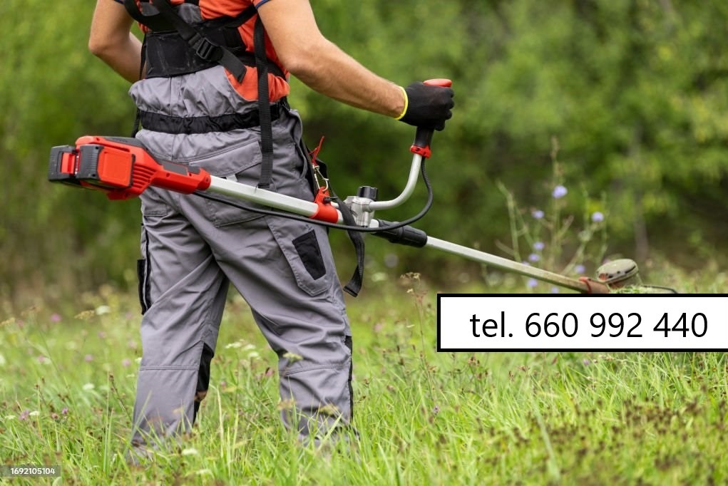 Mężczyzna w szarych spodniach i pomarańczowej koszulce kosi trawę elektryczną podkaszarką na tle zieleni. Widoczny numer telefonu.