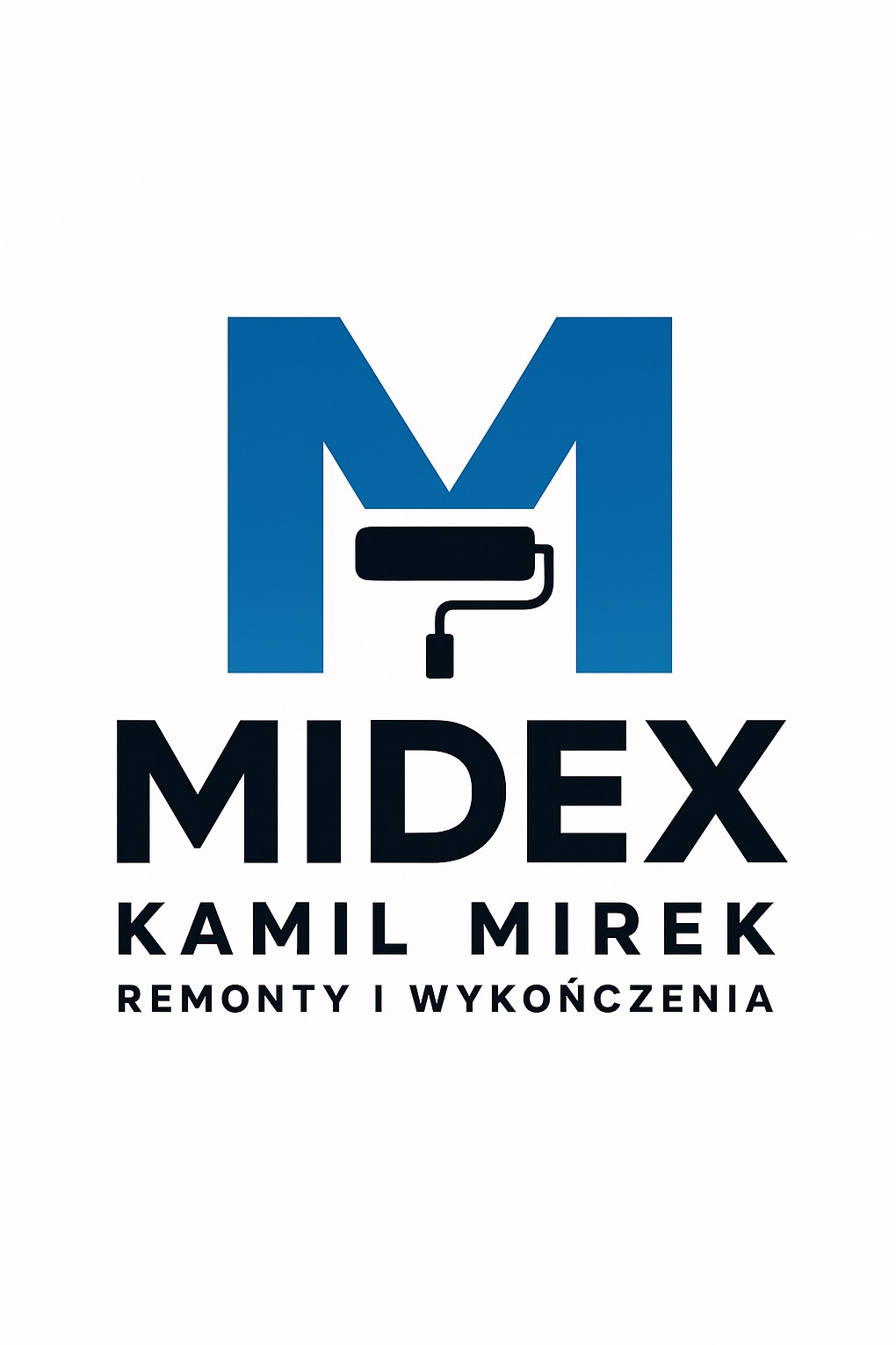 Logo firmy MIDEX Kamil Mirek z Trzebuni, oferującej remonty i wykończenia. Dominuje litera M z wałkiem malarskim. Minimalistyczny design w kolorach bieli i granatu.