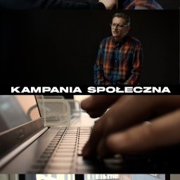 CINEMINDS. - Kadry z realizacji filmu społecznego: reżyser w czapce instruuje aktora, ujęcie aktora i zbliżenie na dłonie piszące na laptopie, aktor pracuje przy laptopie w biurze.