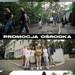 CINEMINDS. - Zdjęcie z kampanii promocyjnej ośrodka wypoczynkowego: widok z lotu ptaka na jezioro, spacerujący ludzie, grupa przed budynkiem i kot na krześle.