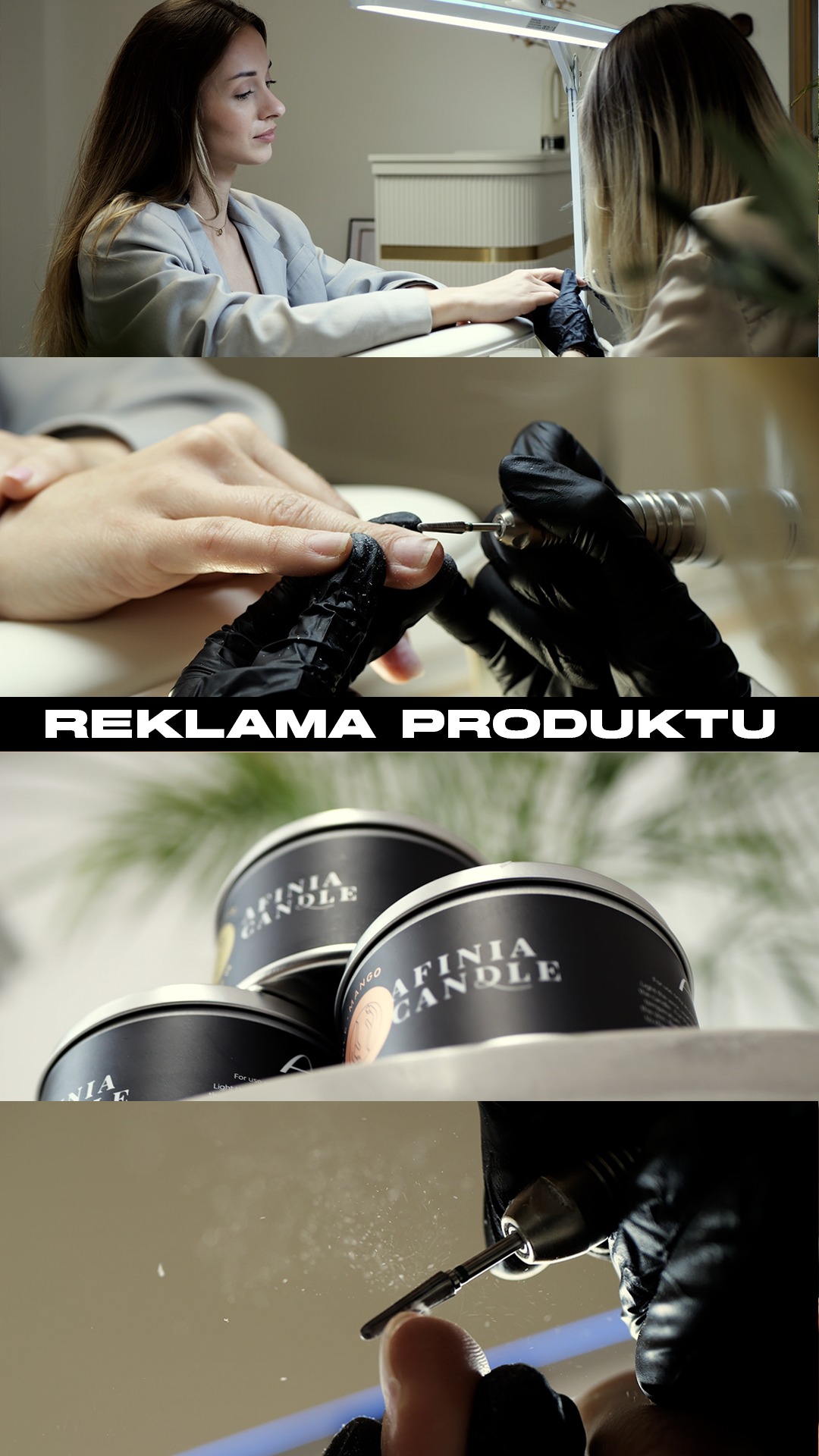 Kolaż: Manikiurzystka frezarką opracowuje paznokcie klientki, zbliżenie na frezarkę w akcji, świece zapachowe w czarnych puszkach, frezarka w trakcie pracy.