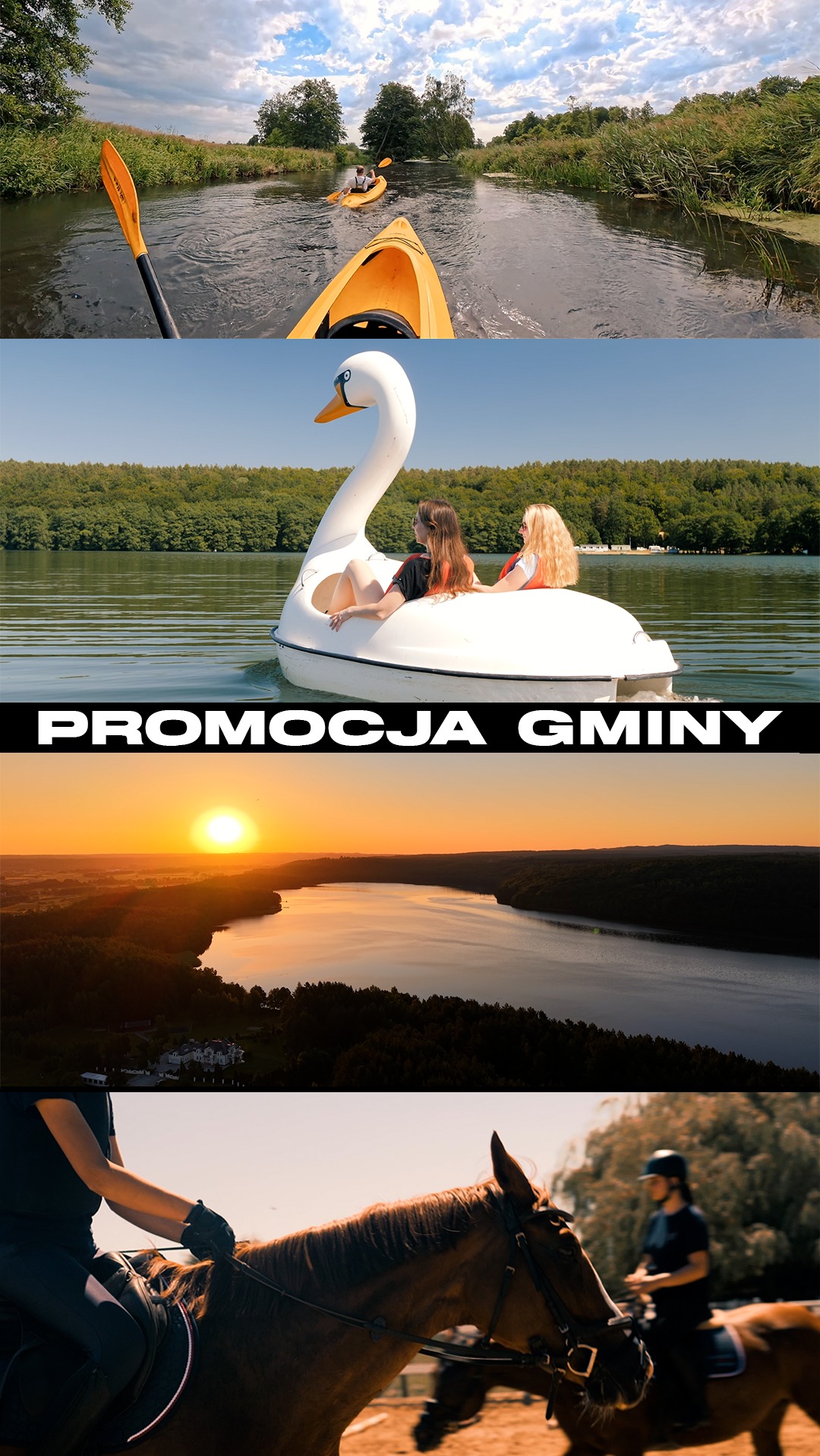 Wielopanelowe ujęcie: kajaki na rzece, łódka w kształcie łabędzia na jeziorze, zachód słońca nad jeziorem i jazda konna. Promocja gminy.