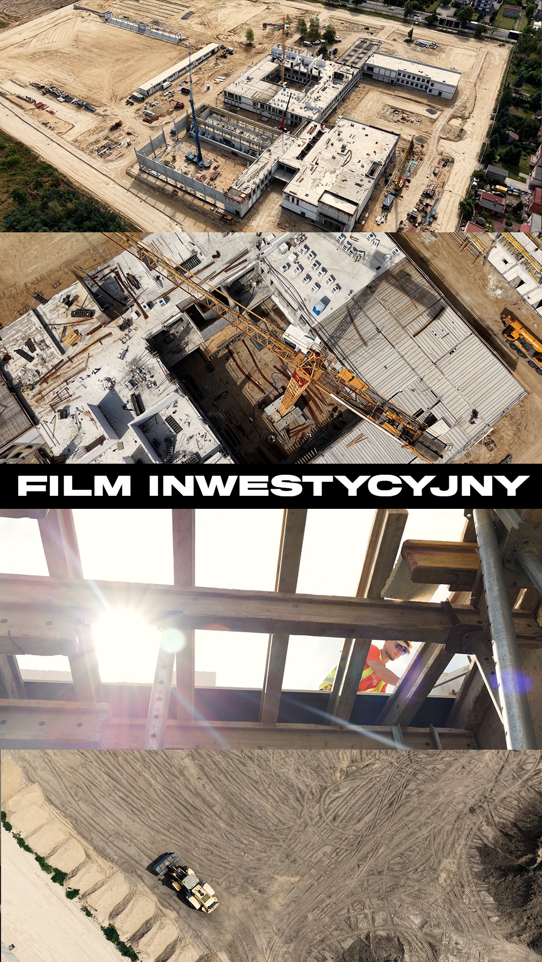 Film inwestycyjny: Ujęcia z drona placu budowy, widok z góry na konstrukcję budynku w trakcie realizacji, praca operatora w kadrze i maszyna wyrównująca teren.