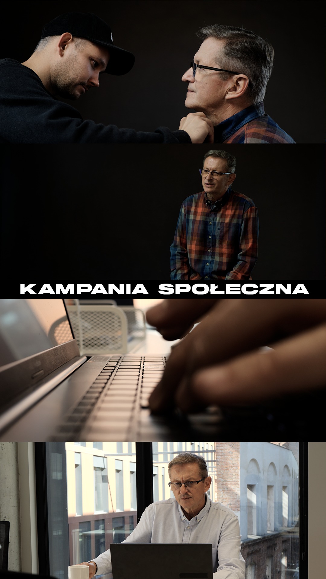 Kadry z realizacji filmu społecznego: reżyser w czapce instruuje aktora, ujęcie aktora i zbliżenie na dłonie piszące na laptopie, aktor pracuje przy laptopie w biurze.