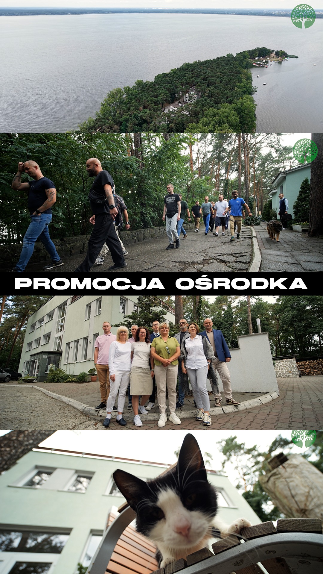 Zdjęcie z kampanii promocyjnej ośrodka wypoczynkowego: widok z lotu ptaka na jezioro, spacerujący ludzie, grupa przed budynkiem i kot na krześle.