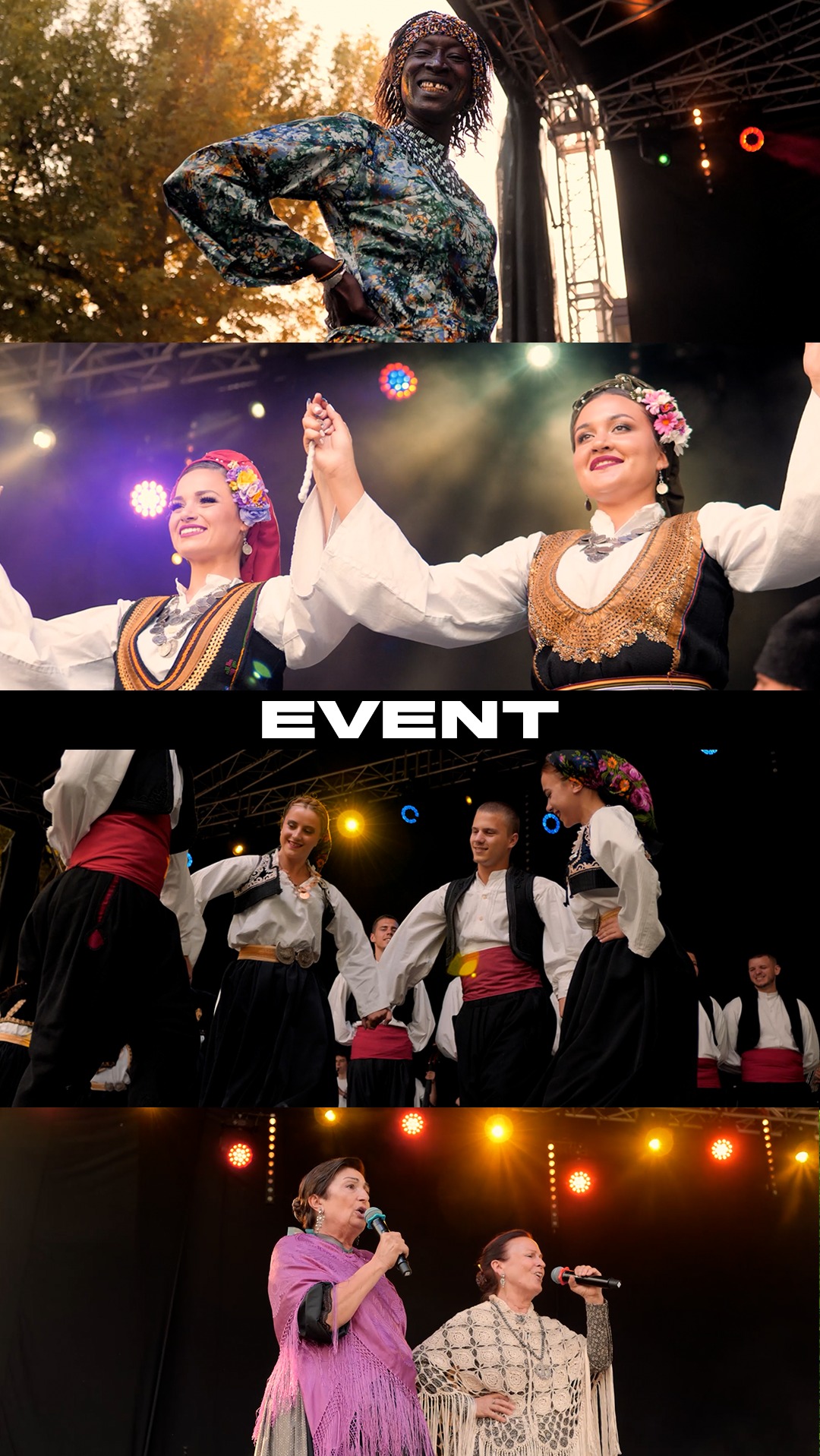 Wielopanelowe ujęcie sceniczne: kobieta w kwiecistej sukni, tancerze w strojach ludowych, grupa w tradycyjnych strojach i śpiewające kobiety z mikrofonami.