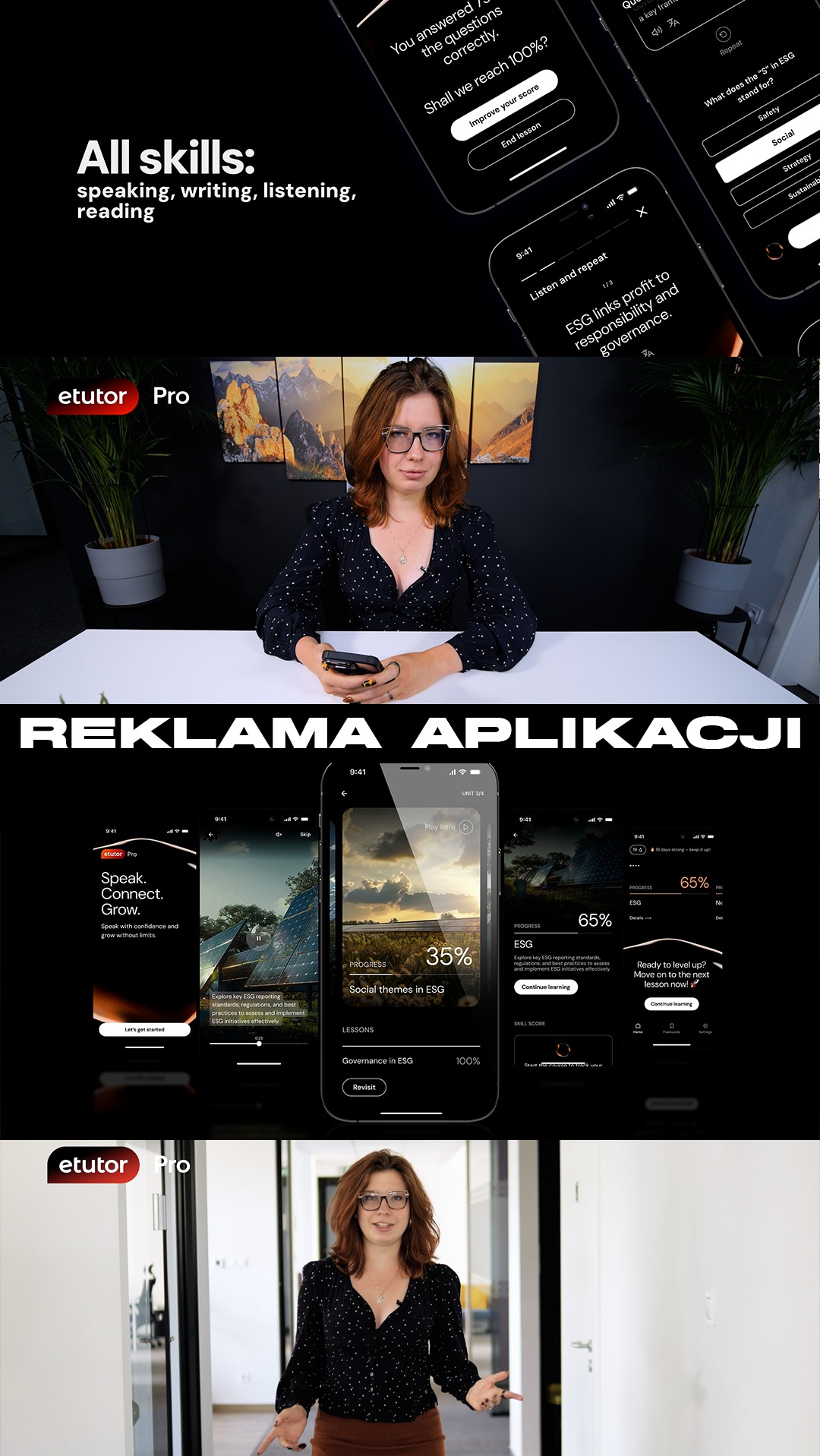 Reklama aplikacji eTutor Pro z lektorką prezentującą funkcje ESG. Ekrany smartfonów ukazują postęp w nauce i motywują do dalszego rozwoju umiejętności językowych.