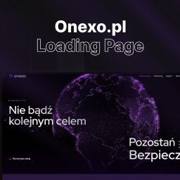 ONEXO.pl Adrian Sokół - Landing page onexo.pl z motywem cyber security. Fioletowa grafika kuli ziemskiej, hasła o bezpieczeństwie danych i linki do podstron. Nowoczesny design.