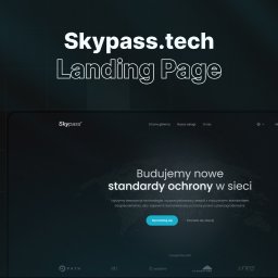 ONEXO.pl Adrian Sokół - Landing page SkyPass.tech z ciemnym tłem, prezentująca hasło 'Budujemy nowe standardy ochrony w sieci' i przyciski 'Skontaktuj się' i 'Dowiedz się więcej'.