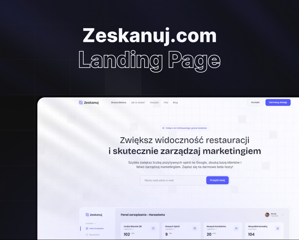 Landing page Zeskanuj.com z hasłem 'Zwiększ widoczność restauracji i skutecznie zarządzaj marketingiem'. Widoczny panel zarządzania z danymi statystycznymi.
