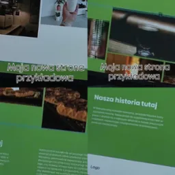 Ekran laptopa prezentujący stronę internetową kawiarni z Warszawy. Widoczne zdjęcia kawy, ciast i tekst opisujący historię kawiarni. Napis: Moja nowa strona przykładowa.