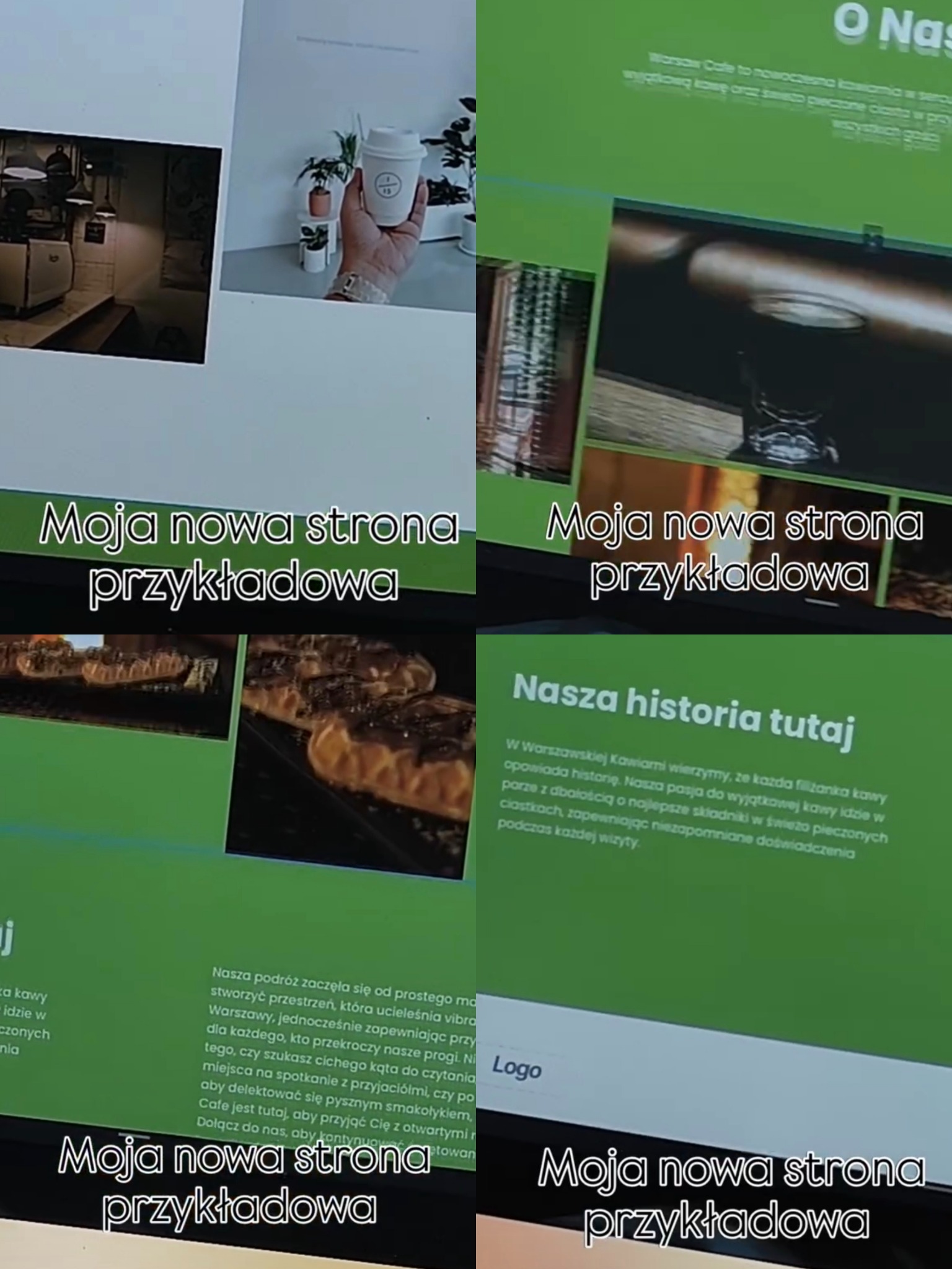 Ekran laptopa prezentujący stronę internetową kawiarni z Warszawy. Widoczne zdjęcia kawy, ciast i tekst opisujący historię kawiarni. Napis: Moja nowa strona przykładowa.