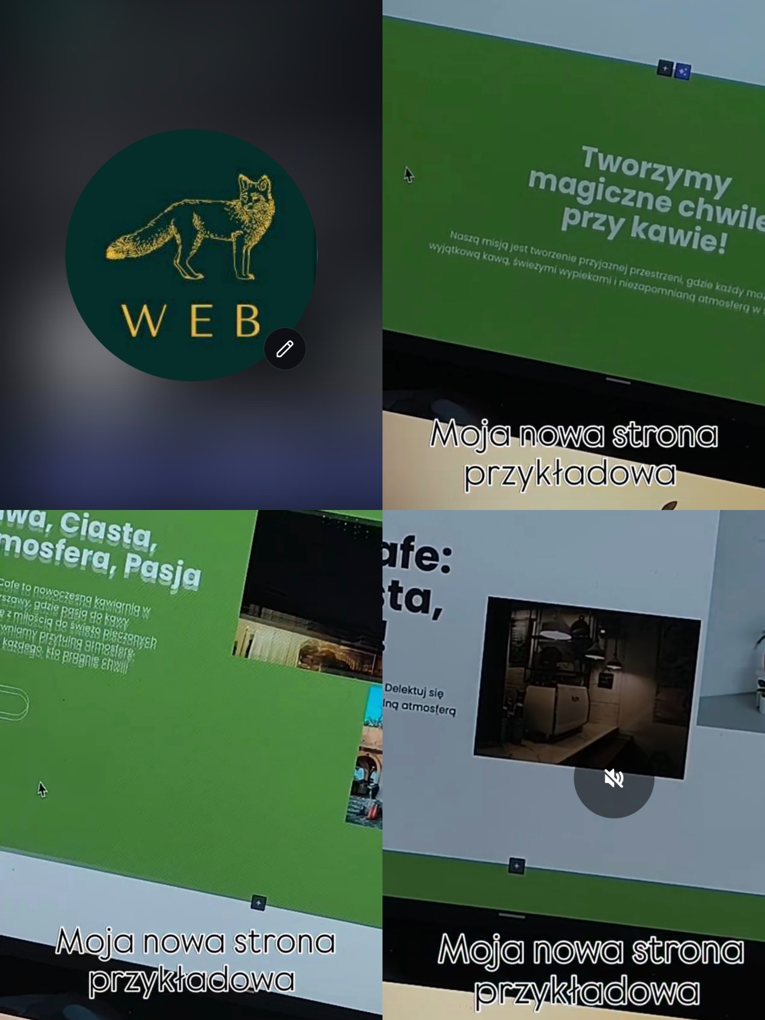 Ekran monitora prezentujący projekt strony internetowej z logotypem liska i hasłami o kawie, ciastach i pasji. Widoczne elementy interfejsu edytora strony.
