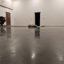 MAT-BET POSADZKI PRZEMYSŁOWE Mateusz Jalowski - Świeżo wylana, gładka posadzka przemysłowa z maszyną do zacierania w tle. Widoczne odbicia w mokrej powierzchni i niedokończone ściany. Buty robocze leżą obok drzwi.