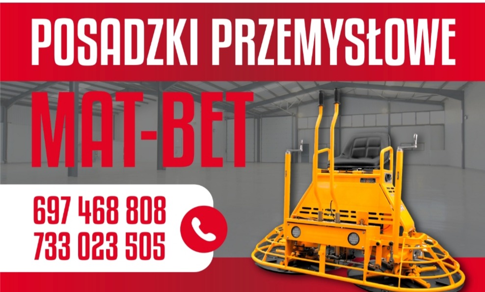 Żółta zacieraczka do betonu na tle hali, tekst 'Posadzki Przemysłowe' i numery telefonów. Reklama firmy MAT-BET.