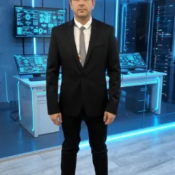 Mężczyzna w garniturze na tle futurystycznego centrum danych z monitorami i serwerami, oświetlonego niebieskim światłem.