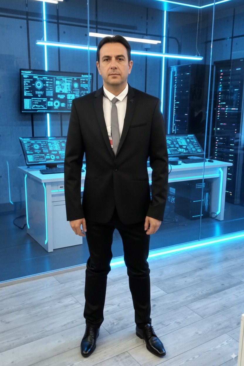 Mężczyzna w garniturze na tle futurystycznego centrum danych z monitorami i serwerami, oświetlonego niebieskim światłem.