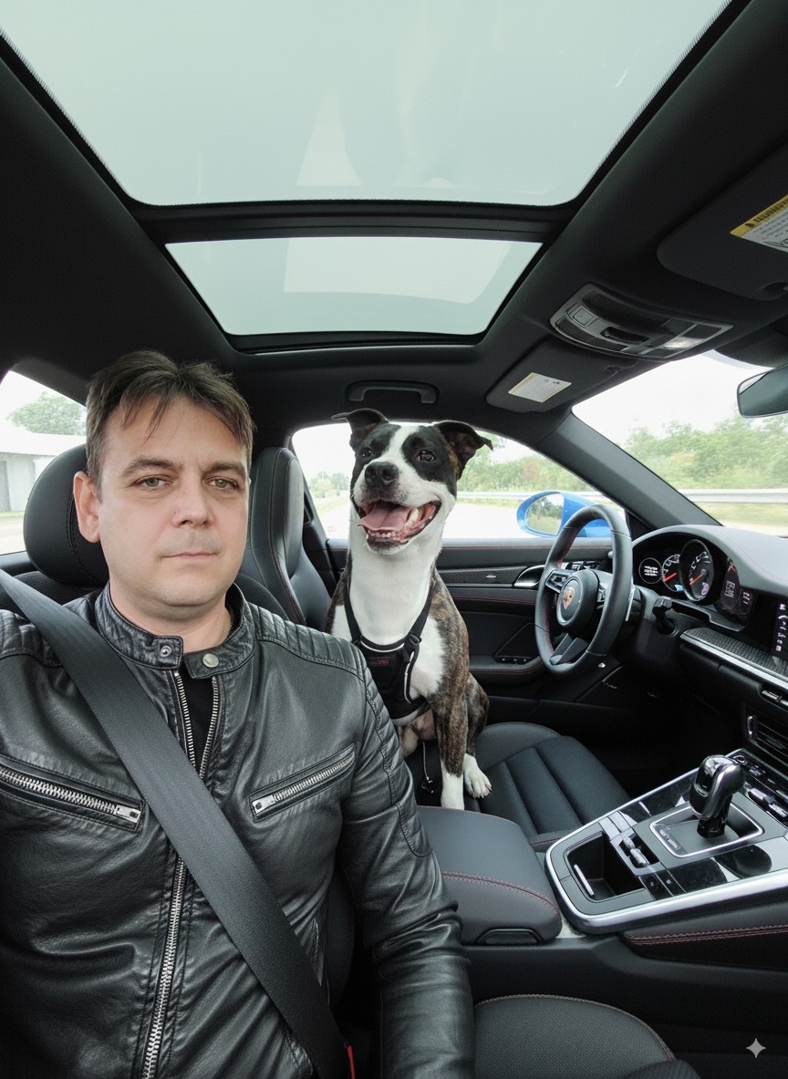 Mężczyzna w skórzanej kurtce i pies rasy bull terrier siedzą w luksusowym samochodzie z otwartym szyberdachem, widok na deskę rozdzielczą i kierownicę.