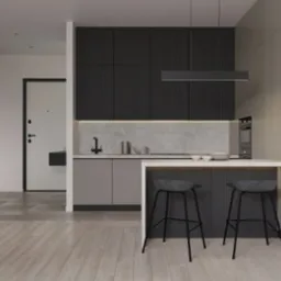 Minimalistyczna kuchnia w odcieniach szarości z czarnymi akcentami, oświetleniem LED i dwoma stołkami barowymi. Widok na wejście do mieszkania.