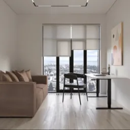 Minimalistyczny pokój z brązową sofą, biurkiem przy oknie z widokiem na miasto i roletami. Obraz na ścianie dodaje koloru.