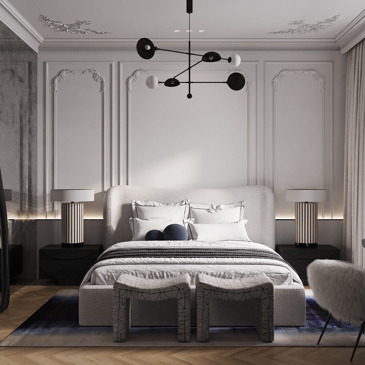 Elegancka sypialnia w bieli z dekoracyjnymi sztukateriami, nowoczesną lampą i miękkimi tekstyliami. Dwa stołki przy łóżku dodają unikalnego charakteru.